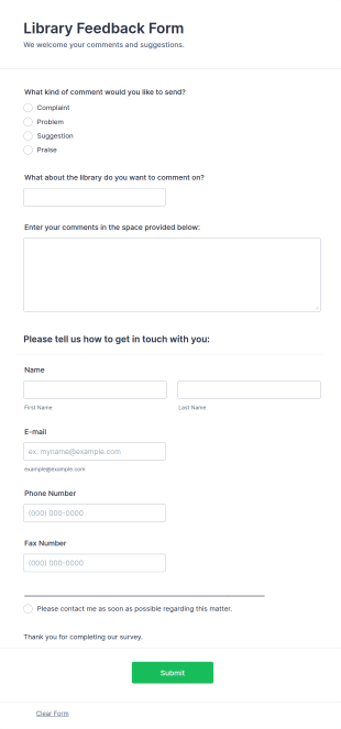 Library Feedback Form Template