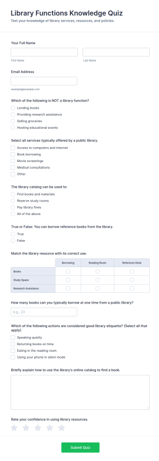 Library Functions Knowledge Quiz Form Template