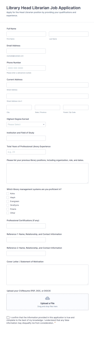 Library Head Librarian Job Application Form Template
