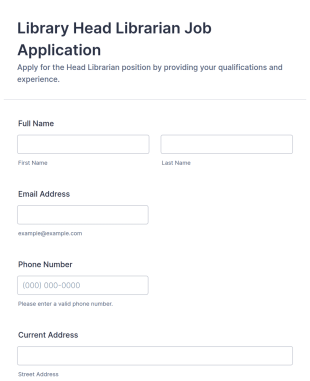 Library Head Librarian Job Application Form Template