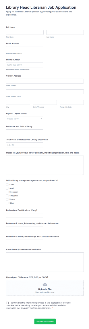 Library Head Librarian Job Application Form Template