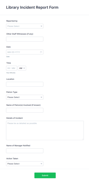 Library Incident Report Form Template