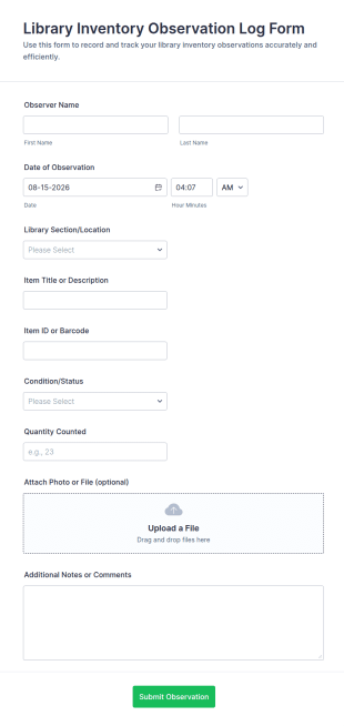 Library Inventory Observation Log Form Template