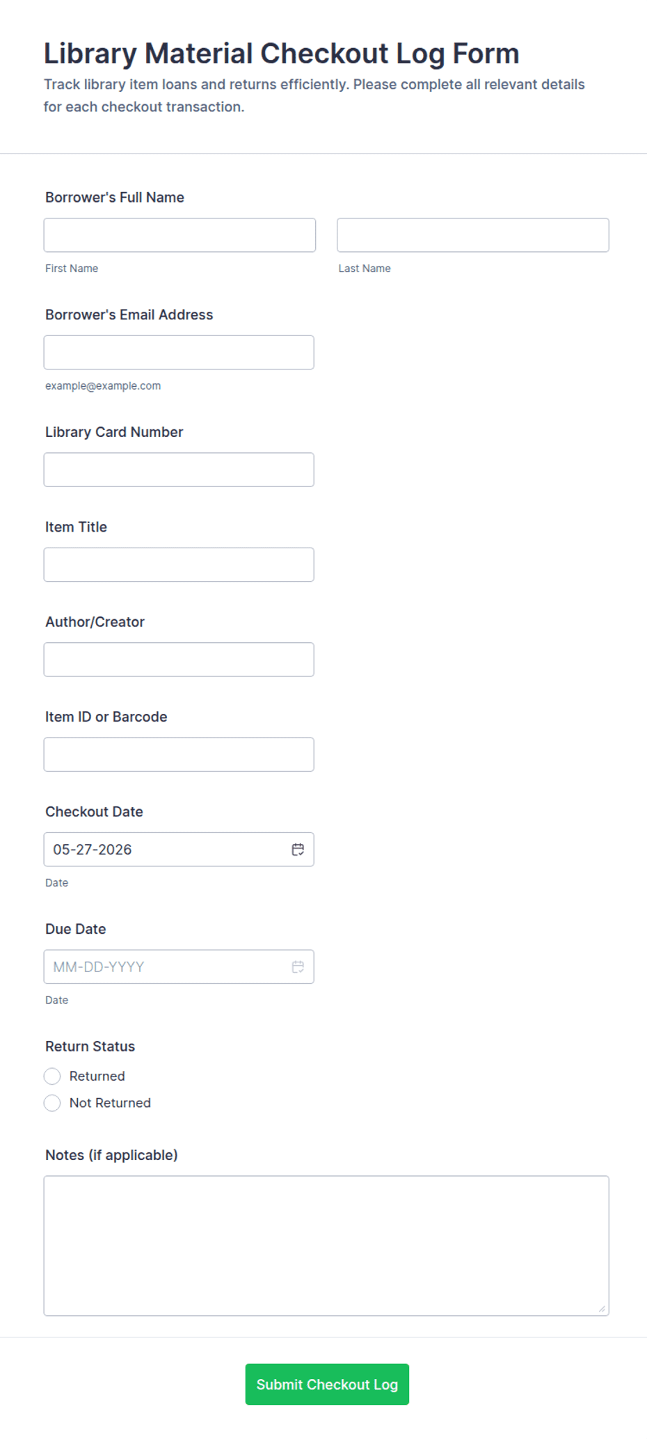 Library Material Checkout Log Form Template | Jotform