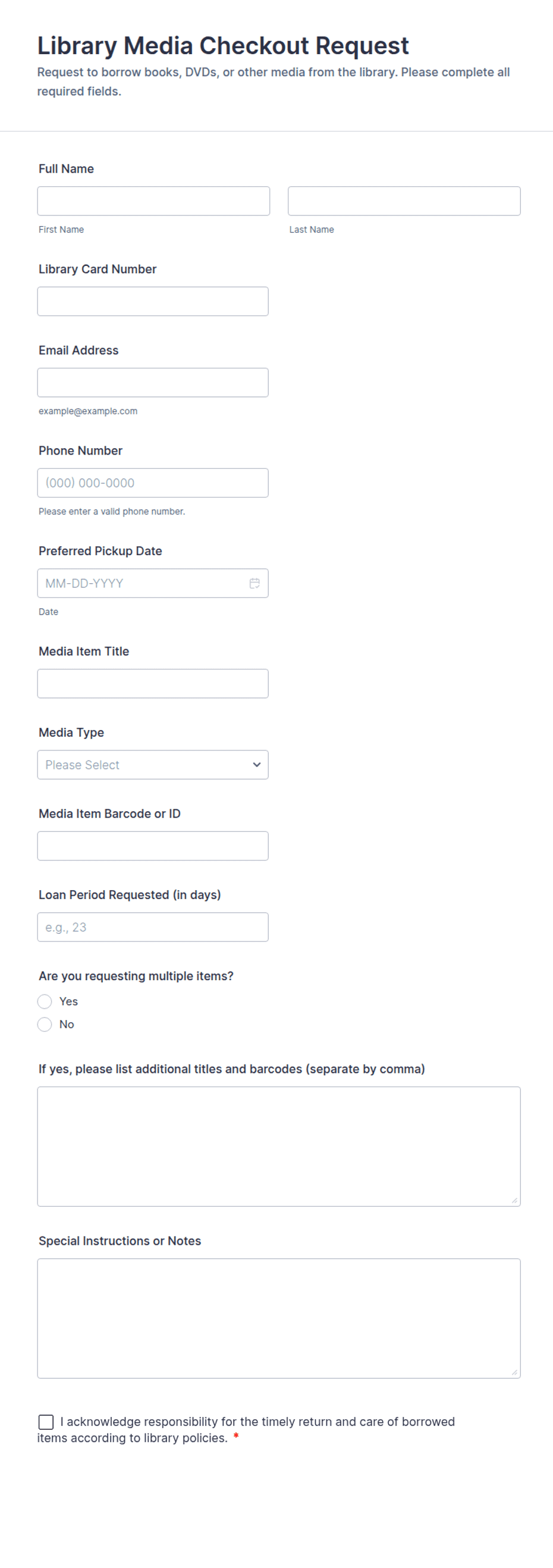 Library Media Checkout Request Form Template | Jotform
