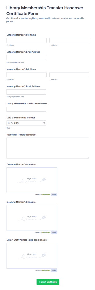 Library Membership Transfer Handover Certificate Form Template