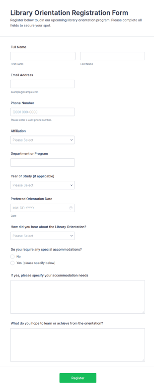 Library Orientation Registration Form Template