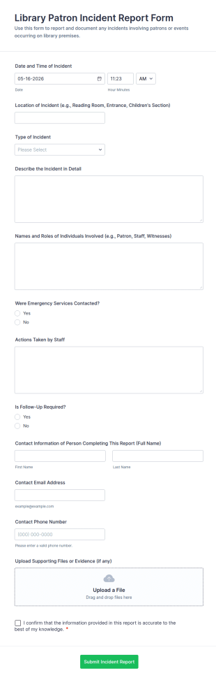 Library Patron Incident Report Form Template
