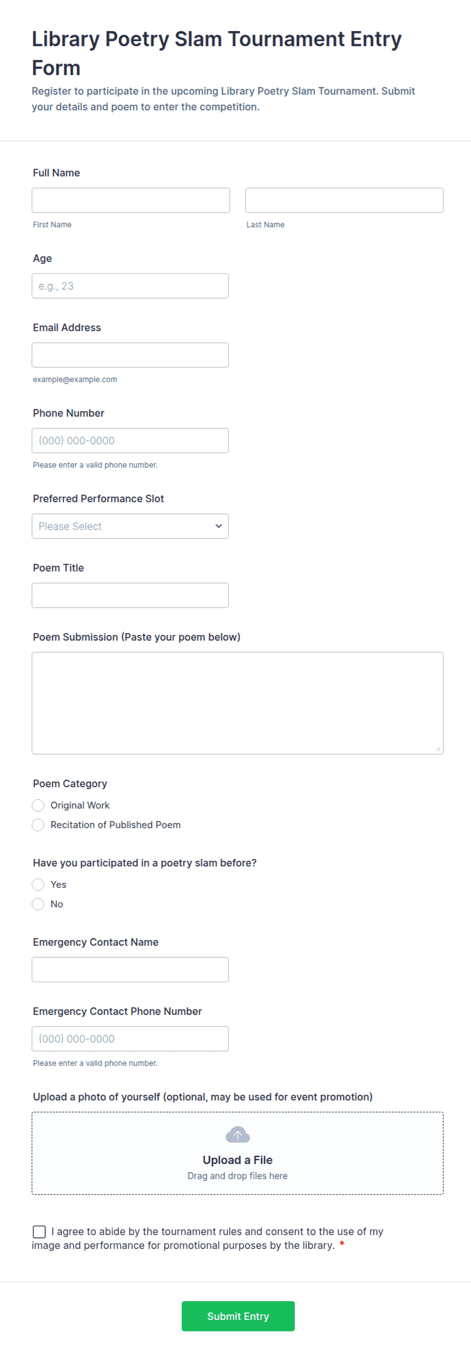 Library Poetry Slam Tournament Entry Form Template | Jotform