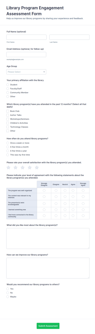 Library Program Engagement Assessment Form Template