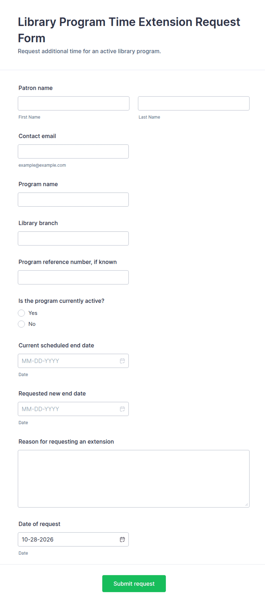 Library Program Time Extension Request Form Template | Jotform