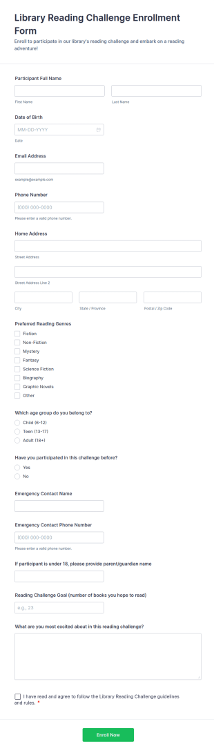Library Reading Challenge Enrollment Form Template