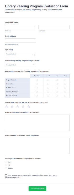 Library Reading Program Evaluation Form Template