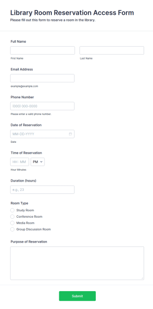 Library Room Reservation Access Form Template