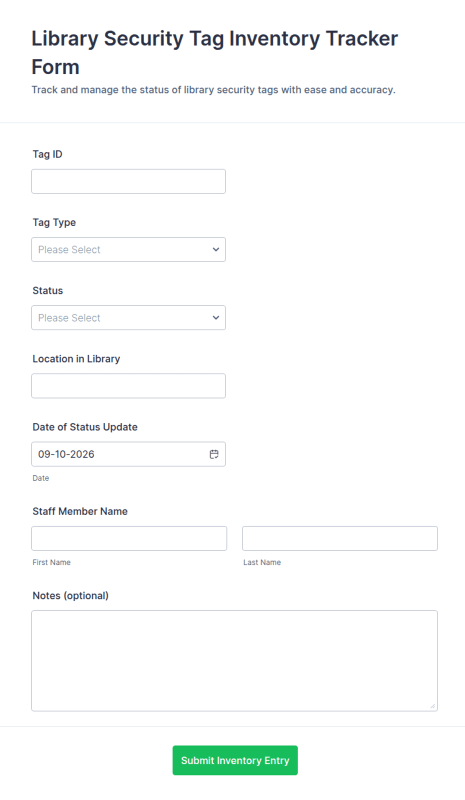 Library Security Tag Inventory Tracker Form Template | Jotform