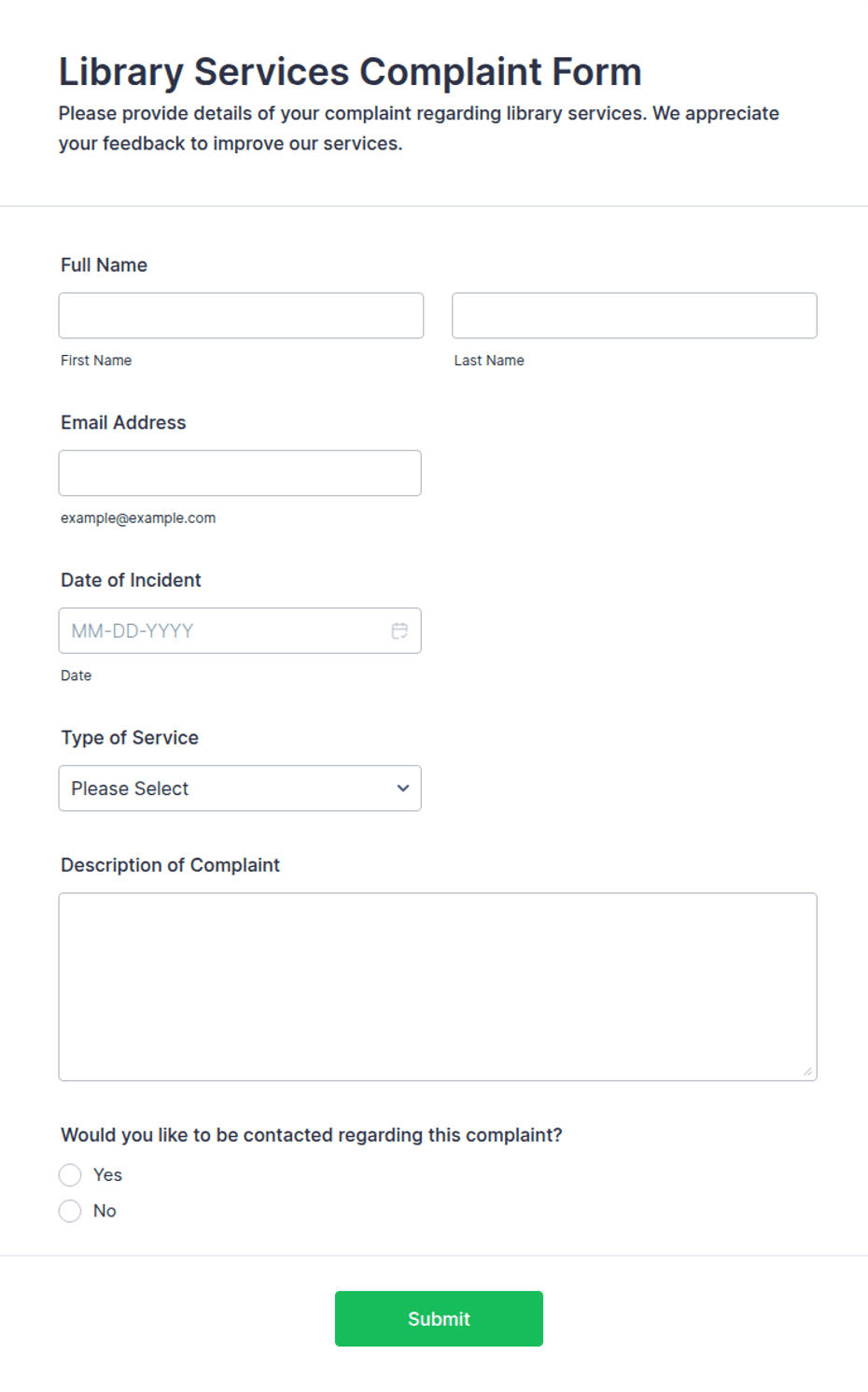 Library Services Complaint Form Template | Jotform