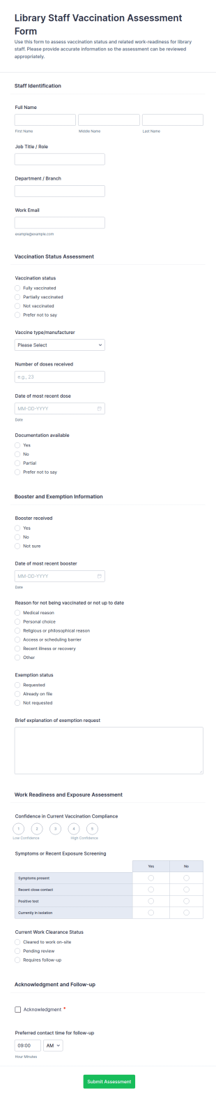 Library Staff Vaccination Assessment Form Template