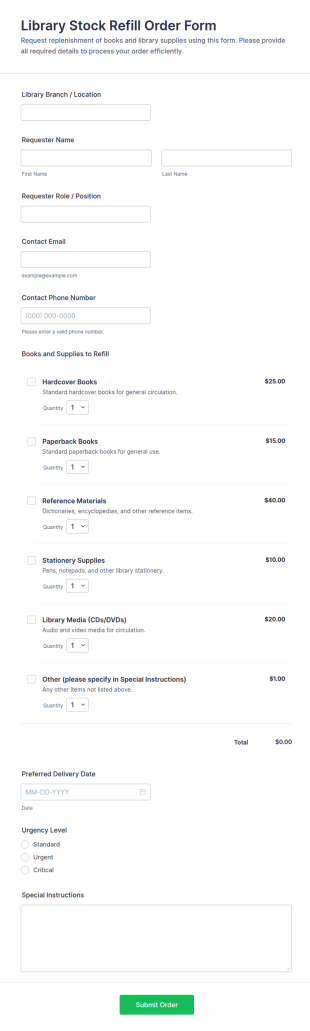 Library Stock Refill Order Form Template