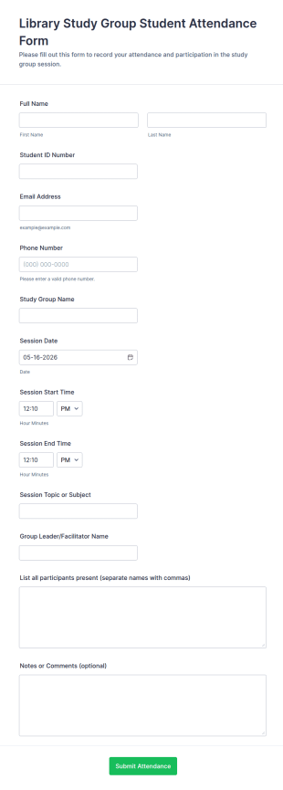Library Study Group Student Attendance Form Template