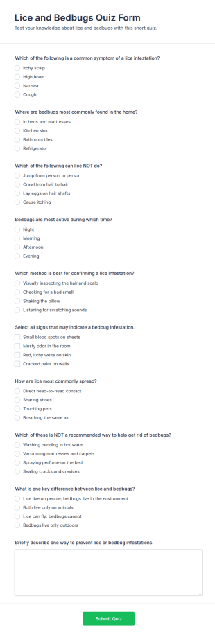 Lice And Bedbugs Quiz Form Template