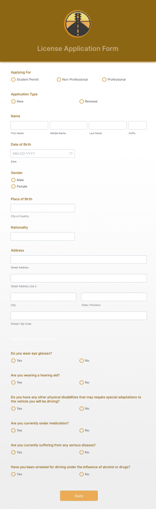 License Application Form Template
