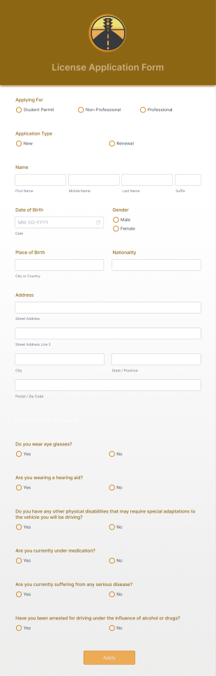 License Application Form Template
