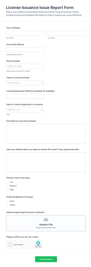 License Issuance Issue Report Form Template