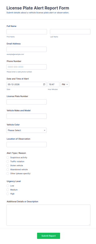 License Plate Alert Report Form Template