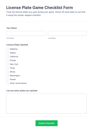 License Plate Game Checklist Form Template