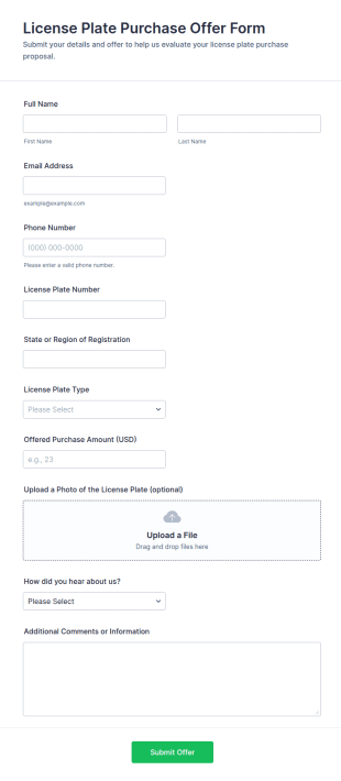 License Plate Purchase Offer Form Template