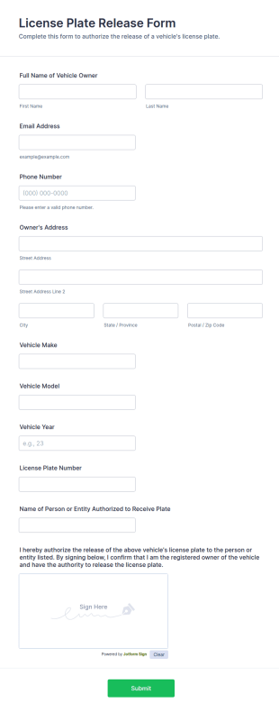 License Plate Release Form Template