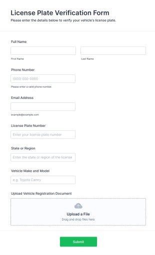 License Plate Verification Form Form Template