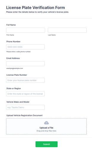 License Plate Verification Form Template