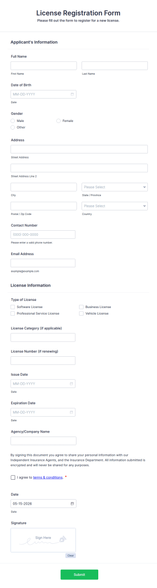 License Registration Form Template