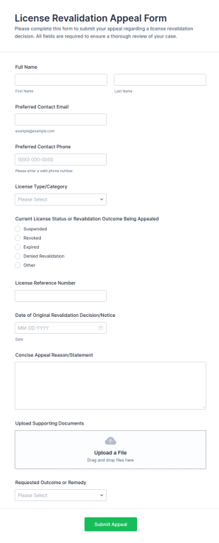 License Revalidation Appeal Form Template