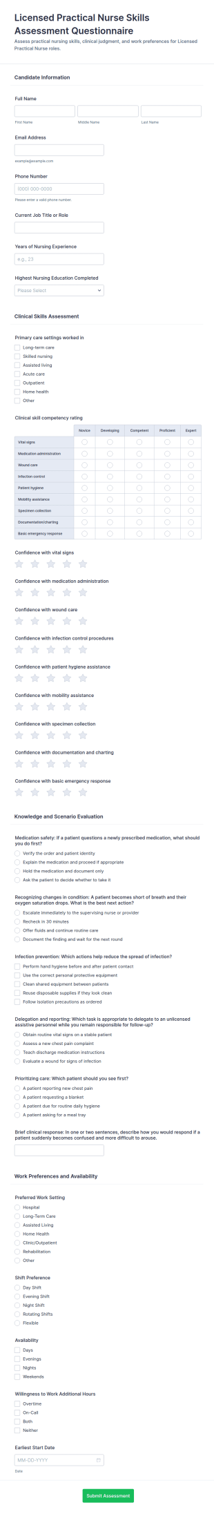 Licensed Practical Nurse Skills Assessment Questionnaire Form Template