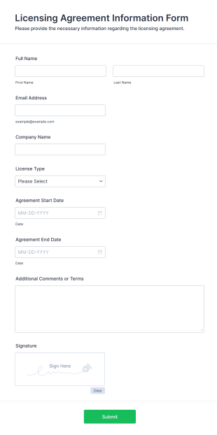 Licensing Agreement Information Form Form Template