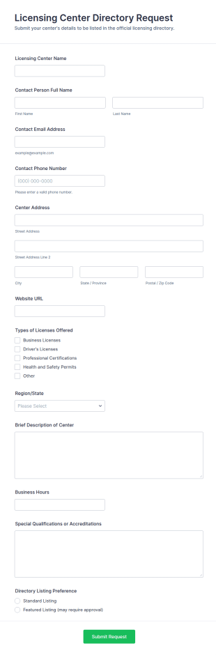 Licensing Center Directory Request Form Template