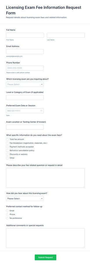 Licensing Exam Fee Information Request Form Template