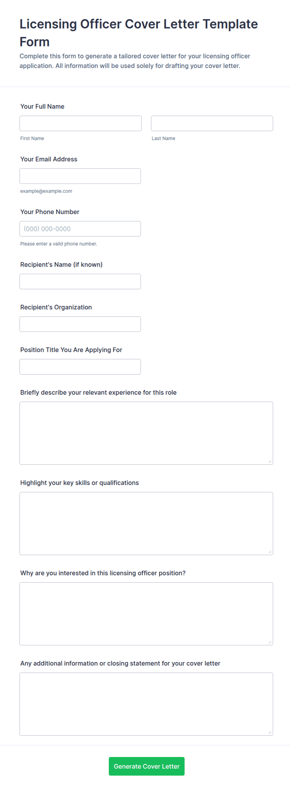 Licensing Officer Cover Letter Template Form | Jotform