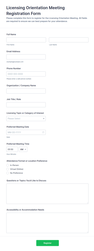 Licensing Orientation Meeting Registration Form Template