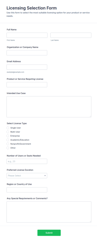 Licensing Selection Form Template