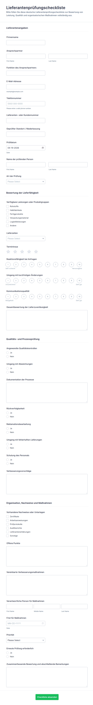 Lieferanten Audit Checkliste Fragebogen