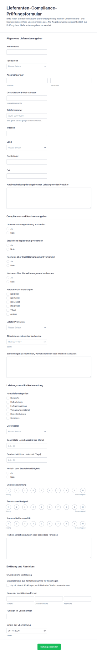 Lieferanten Compliance Überprüfungsformular
