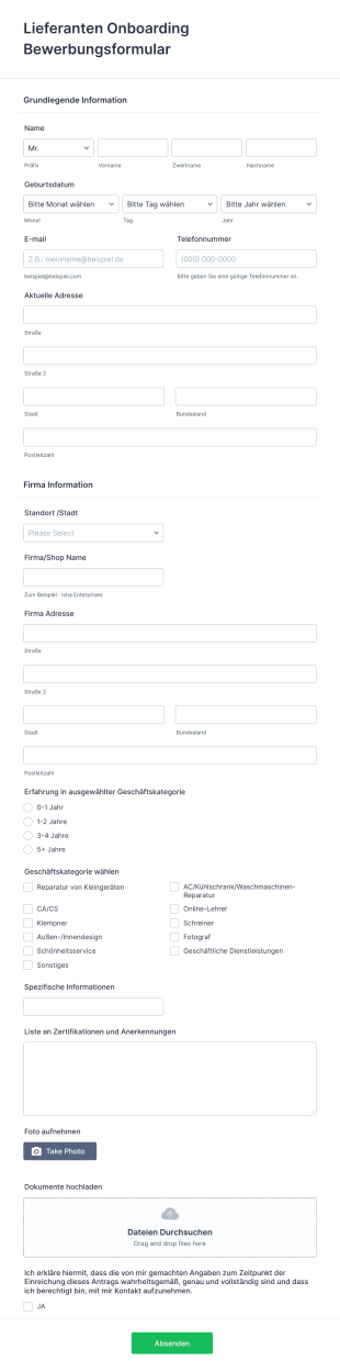 Lieferanten Onboarding Bewerbungsformular