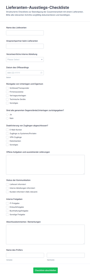 Lieferantenabmeldung Checkliste Formular
