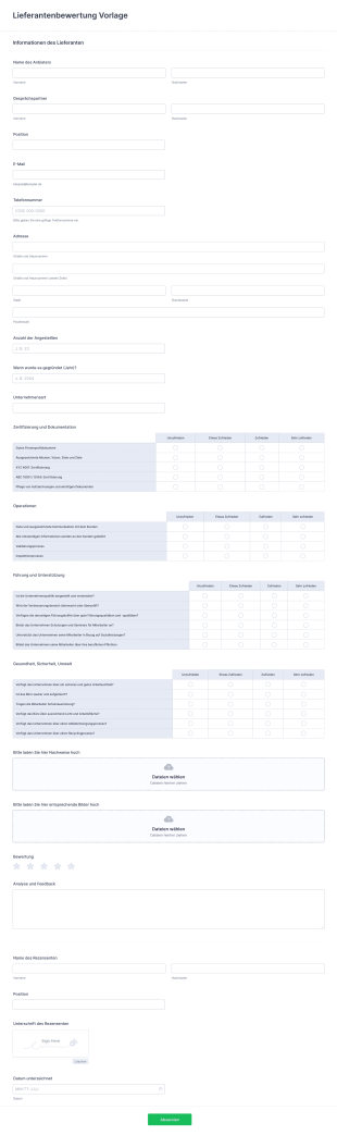 Lieferantenbewertung Vorlage Form Template