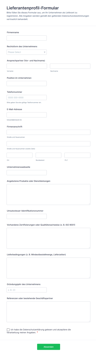 Lieferantenprofil Formular