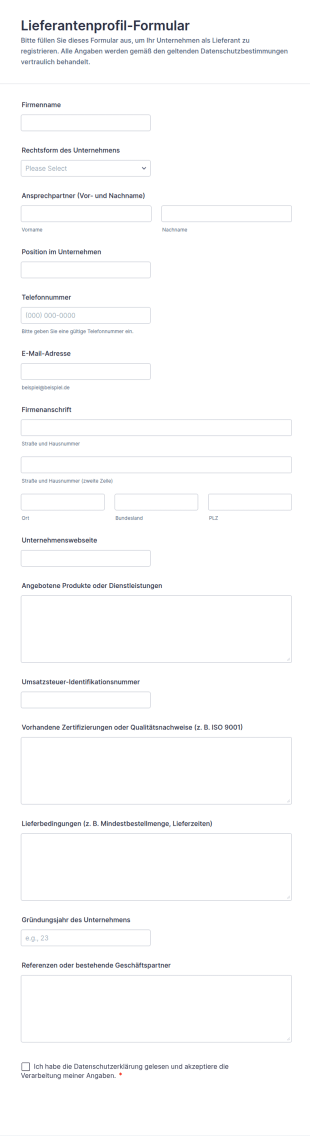 Lieferantenprofil Formular