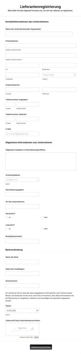 Lieferantenregistrierung